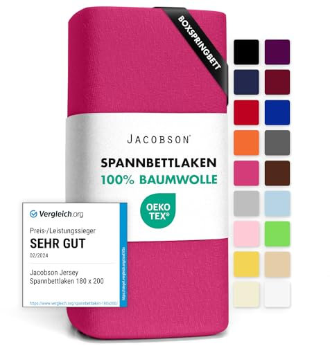 Jacobson Jersey Spannbettlaken Spannbetttuch Baumwolle Bettlaken (140x200-160x220 cm, Pink)