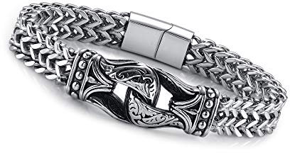 PiercingJak Wikinger Armband Herren Armkette Breit 12mm mit Unendlichkeitszeichen Keltischer Anhänger Magnetverschluss Edelstahl Cuban Link Armreif Retro Nordisch Biker Schmuck für Männer Papa, 22cm