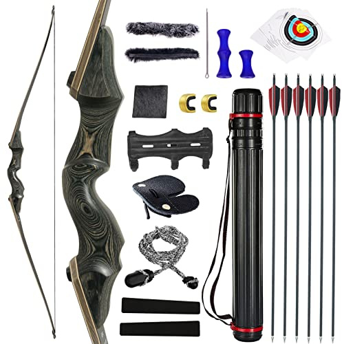 Black Hunter 60 Inch Archery Takedown Longbow Right Hand 30-55lbs with 12pcs Carbon Arrows for Hunting Target Shooting (40LBS)