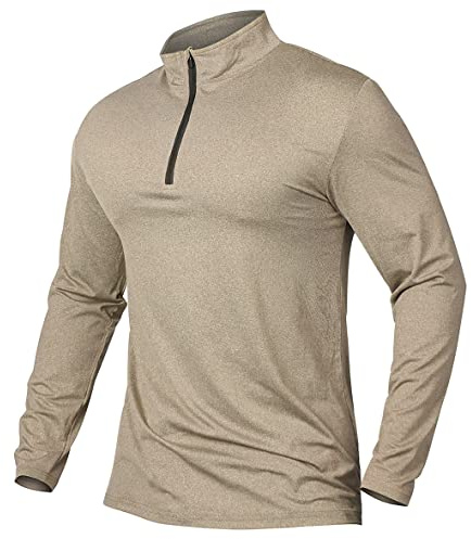 CARWORNIC Camiseta de manga larga con media cremallera para hombre, camiseta deportiva con cremallera de 1/4, ligera y transpirable, con cuello alto, para gimnasio, jogging y entrenamiento, caqui, M