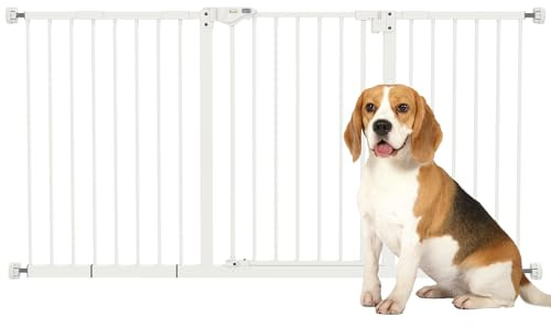 PawHut Dog Gate Stair Gate Pressure Fit Pets Barrier Auto Close for Doorway Hallway, 74-148cm Wide Adjustable, White