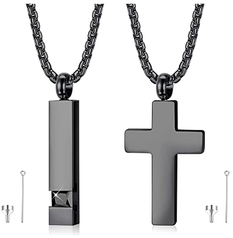 Milacolato 2 Pcs Urne Colliers pour Cendres Crémation Memorial Acier Inoxydable Croix Cube Pendentif avec Cubic Zirconia Incrusté Souvenirs Collier Longueur 56CM Noir