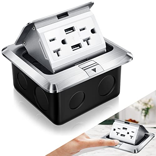 Hoolerry 1 Pack Pop up Floor Electrical Outlet Cover Box Kit with 4.8A USB Charger 20Amp Waterproof Weatherproof Floor Tamper Resistant Outlet Receptacle for Countertop Home (Silver)