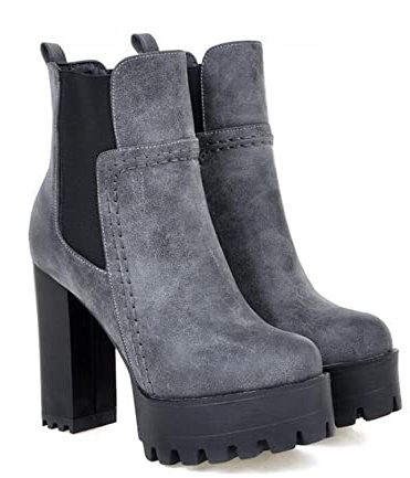 OTMYIGO Botas de Invierno para Mujer, Zapatos tacón Cuadrado, Botines Gruesos con Plataforma tacón Alto, Botas Chelsea, Gris, 36