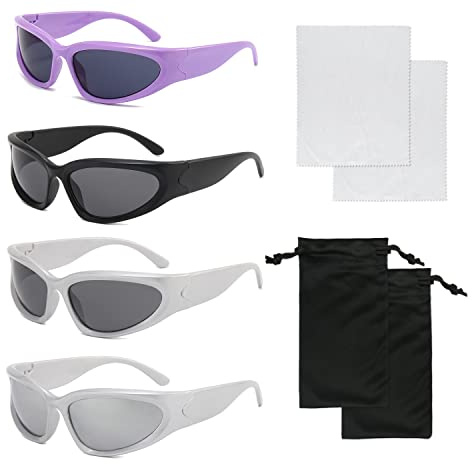 TIMJJG Gafas de sol envolventes 4 piezas con 2 paños y 2 bolsas, estilo punk y deporte futurista para ciclismo, pesca, golf