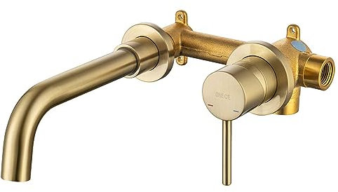 ONECE Robinet Doré de Lavabo Mural, Mitigeur Mural en Laiton Haut de Qualité, Robinettrie Salle de Bains Encastré, Robinet Froid et Chaud Rotation à 360°, Doré