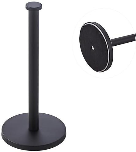 Paper Towel Holder for One Hand Tear, Weighted Base with Suction Cups Standing Paper Towel Dispenser for Kichen Bathroom fits Standard and Jumbo Size Paper Towels (Black)