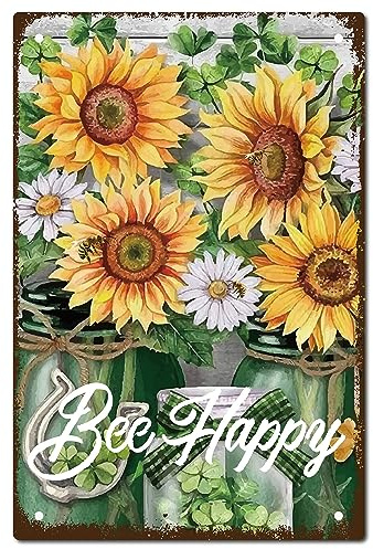 CREATCABIN Cartel Vintage de Girasol, Cartel de Metal, Cartel de Abeja Feliz, Cartel de Decoración de Pared, Placa de Pintura Retro, Cartel de Hierro, Mural para Colgar para el Hogar, Cocina 30x20 cm
