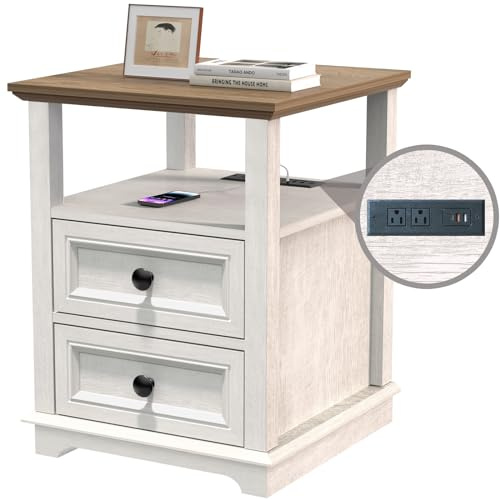 REDAYFUR End Table with Fast USB C Charging Station, 18 Wide Tall Sofa Side Table with 2 Drawers, Large Storage Rustic Wood Square Storage Cabinet for Living Room,Bedroom,Office, White