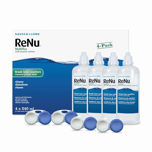 ReNu MultiPlus Multi-Purpose Contact Lens Solution, 4 x 240 ml for Soft Contact Lenses, Moisturise, Remove Protein, Clean, Disinfect, Lubricate, Rinse and Store Your Lenses, Lens Case Included