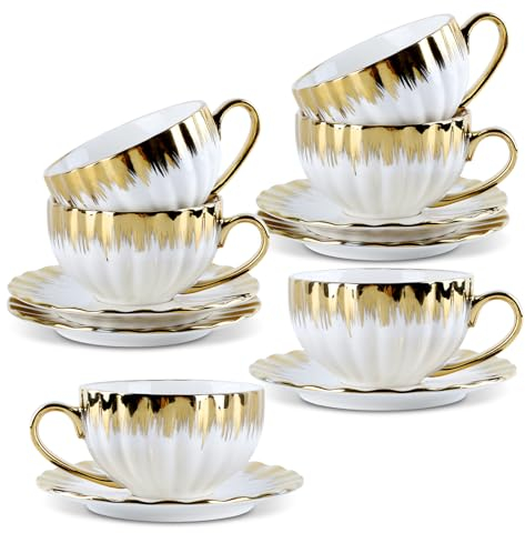 Teetassen und Untertassen, 6er Set (200 ml) mit Goldrand, Porzellan Cappuccino Tasse set, Mochatassen, Keramik Espressotasse, Kaffeeservice, Weiße Tasse