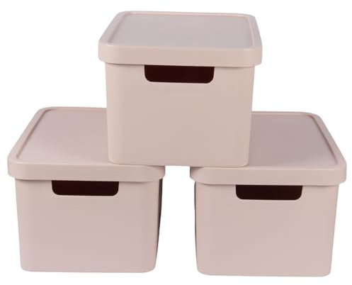 Jolie Max Plastic Storage Boxes with Lid, (Set of 3) 31L Capacity Each, Solid Matte Colour, Decorative Design with Handle, Stackable & Nestable Space-Saving Organizers – 45.5 x 33.5 x 25 cm (PINK)