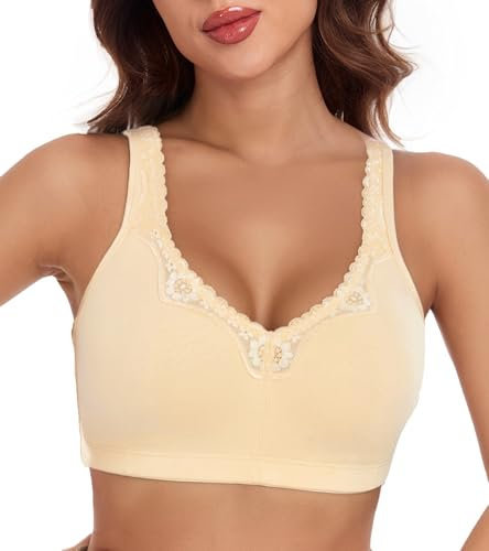 Lemorosy Comfort Plus Size Women's Lace Cotton Bras Full Coverage Non-Foam Wireless Underwear(Beige,40E)