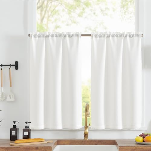 TOPICK Tende Passante tenda da bistrot porta finestra balcone stile country roulotte 2 pezzi corte Filtro della luce rustiche soggiorno doccia tenda per interni 90L x45A cm, Bianco