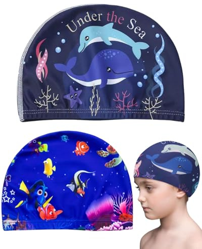 BPTRKOM Lot de 2 Bonnets de Bain pour Enfants - Design Mignon et Ludique, en Polyester Élastique, Idéal pour Garçons et Filles de 1 à 8 Ans(bleu)