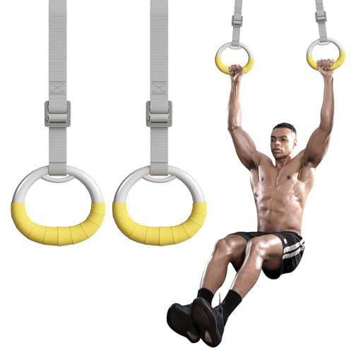 DONIUZ Gymnastic Rings, Both for Adults and Kids, Adjustable Strap Strength Home Exercise Gym Rings for Strength/Physical Training, Indoor Gym Anti -Slip Surface Design Rings