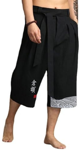 Pantalón de Kimono Tradicional Japonés, Lino Pantalones Cortos Hombre Verano Casual Moda, Ropa Asiática, Pantalones de Baño Playa, Capris Pants Estilo Japonés para Trabajo Running Correr Playa