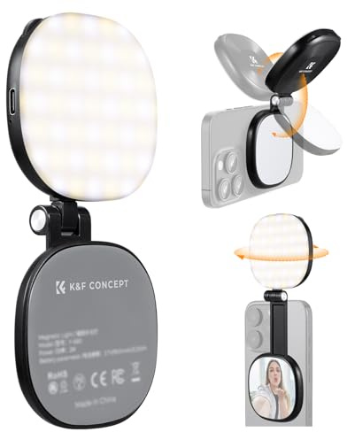 K&F CONCEPT Magnetische Selfie Licht mit Spiegel, 900mah Handy Ringlicht kompatibel mit iPhone Magsafe/Android, 360° LED Selfie Ring Fülllicht für Selfies/Make up/Fotografie,673lux，Schwarz