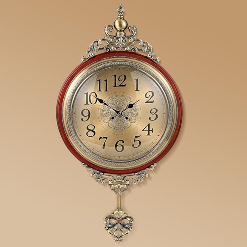 Liwyewu Vintage Pendulum Wall Clock,Diameter 16 in/Full Length 30.7 in Large Retro Metal and Glass Silent Clock for Living Room, Antique Wood Pendulum for Dining Room Office Home Decor