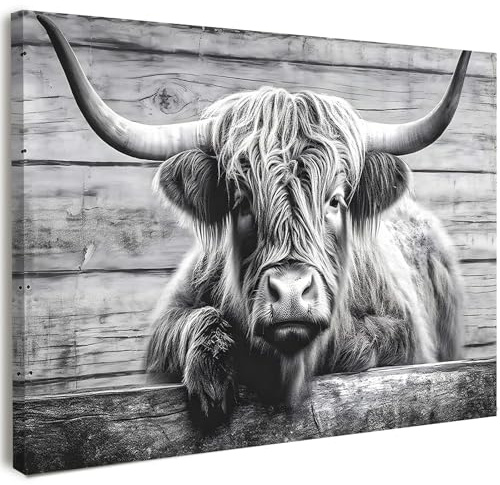 Wall Art Highland Cow Canvas Black and White Framed Pictures for Bedroom Wall Decor Rustic Farmhouse Wall Art for Living Room Hallway or Office with Pre-Mounted Frame and Hanging Hooks, 12 x 16