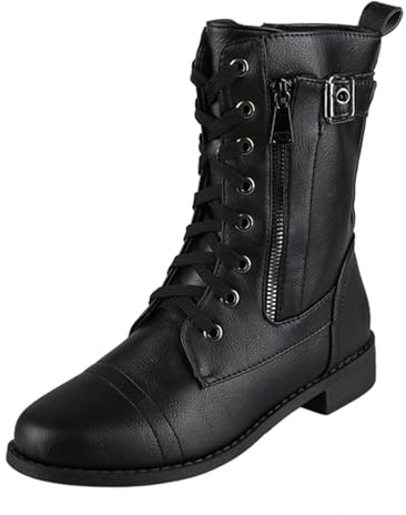 Bottes pour femme - Bottines plates à lacets avec fermeture éclair latérale - Grandes tailles - Bottes en cuir - Couleur unie - Talon bloc - Bottes mi-hautes antidérapantes décontractées pour