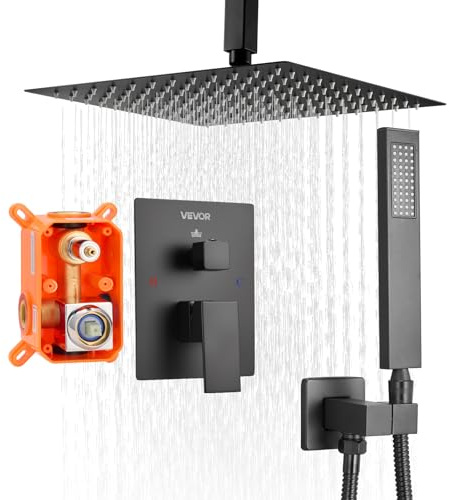 VEVOR Duscharmatur Regenduschsystem fürs Badezimmer Duschsystem mit 305 mm quadratischen Regenduschkopf & Handbrause, wandmontierte Badezimmerarmaturen mit Messingventil & Zierset, Mattschwarz