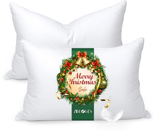 zibroges Feather Pillows Queen Size Set of 2 - Goose Down Hotel Bed Pillow for Sleeping, Soft 600 Thread Count Cotton Cover, Fluffy Support Surround Fill Polyester for Side, Back and Stomach Sleepers