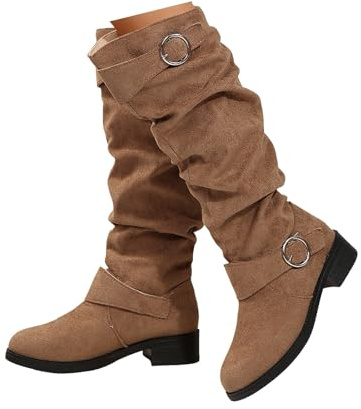 Xbemkste västerländska stövlar dam mocka stövlar eleganta långa stövlar veckade bältesspänne knähöga stövlar höga cowboystövlar vinterstövlar slip-on damstövlar