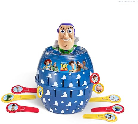 TOMY Pop Up Buzz Lightyear Game, Toy Story Kids Action Game, Family Guessing Game with Pegs, Fun Disney Pixar Buzz Lightyear Barrel Game, Fast Turn-Taking Play for 2–4 Players, Ages 4+