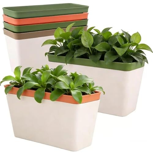 APACALI Paquete de 6 macetas de riego automático para interiores, maceta de 26 cm con ventana visual de nivel de agua, maceta rectangular para jardín, balcón, alféizar de ventana, verde/marrón/naranja