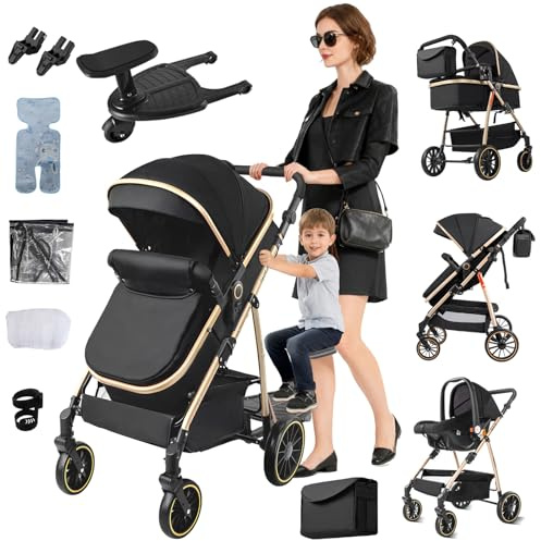MoLi Barnvagn 3-i-1, barnvagn set vändbart dubbelskjutläge, kombibarnvagn 3-i-1 stor bekväm babybadkar, buggy ram aluminiumlegering vikbar (FV8 svart guld)