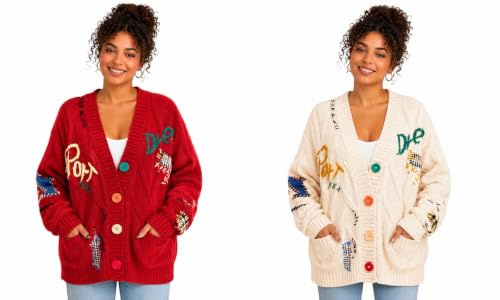 NEXURGE Women's Cable Knit Cardigan, Oversized Button Front V-Neck Boyfriend Cardigan with Embroidered Patchwork, Long Sleeve Chunky Knit Sweater with Pockets.