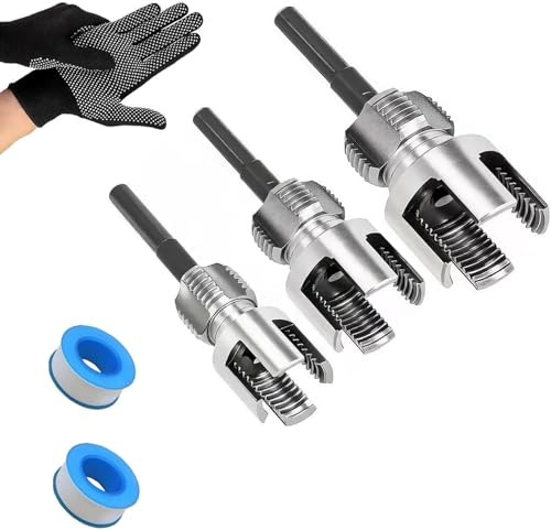 Rörgängtappsset, PVC gängskärare, 1/2 tum 3/4 tum 1 tum vattenrör gängskärare, 2-i-1 gängöppnare för inre och yttre gänga, med tätningstejp och handskar