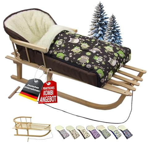 BAMBINIWELT KOMBI-erbjudande träsläde med ryggstöd och dragrep universell vinteråkpåse (108 cm), även lämplig för babystol, barnvagn, buggy, av ull i uggledesign (uggla $14)