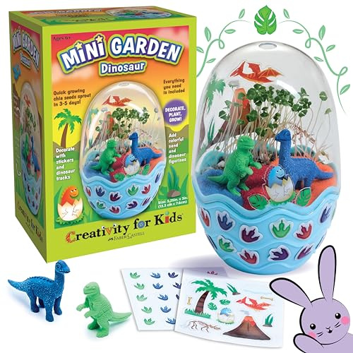 Creativity for Kids Mini Garden Dinosaur Kit – Grow Your Own Chia Seed Garden in 3-5 Days with Colorful Sand, Stickers & Dinosaur Figurines – STEM Gardening Craft for Kids Ages 6+