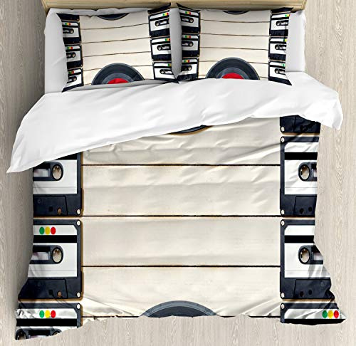 Ambesonne Indie Duvet Cover Set, Top View of Audio Cassettes Gramophone Records Retro Retro Music Theme, Decorative 3 Piece Bedding Set with 2 Pillow Shams, California King, Black White Cream