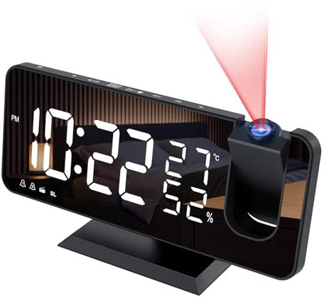 Reveil Projecteur avec Radio, Horloge Numérique, Radio Reveil USB avec Double Alarme et Écran Miroir LED de 7, Snooze, 4 Niveaux de Luminosité, 12/24h, 15 Volume, pour La Maison, Le Bureau