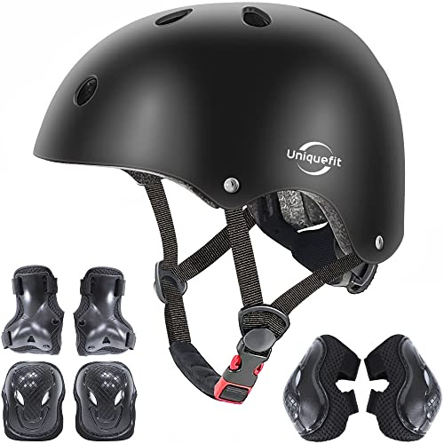 Casco Ajustable para niños y Equipo de protección, Cascos y Almohadillas para Bicicletas para niños pequeños, Rodilleras, Coderas y muñequeras (Negro, M(8-13years Old))