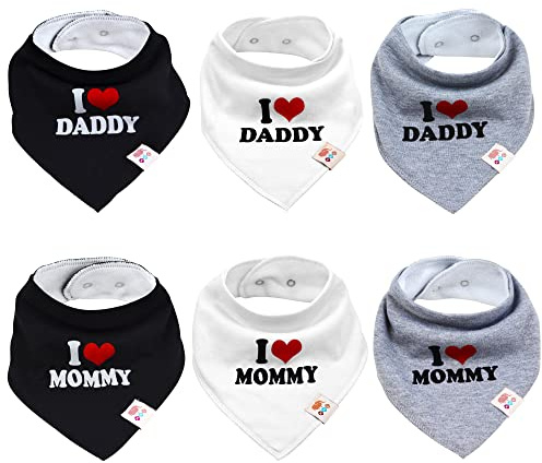 M.M.C. Lot de 6 bavoirs triangulaires pour bébé « I Love Mommy et Daddy » - En coton - Pour bébé garçon et fille, Ensemble unisexe, Taille unique