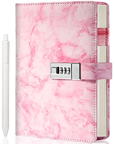 CAGIE Marble Diary with Lock for Girls and Women, Waterproof Journal with Lock 192 Pages Secret Girls Locked Diary with Pen, Password Locked Journals for Teen Girls, A5 Pink