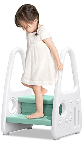 Froadp Tritthocker Kinder 2 Stufen Trittschemel 45x39.5x61cm Sicherer Kinderhocker aus Kunststoff Pyramiden-Struktur Lernturm Trittleiter Schemel für Kinderzimmer Kindergarten Küche Bad (Grün)