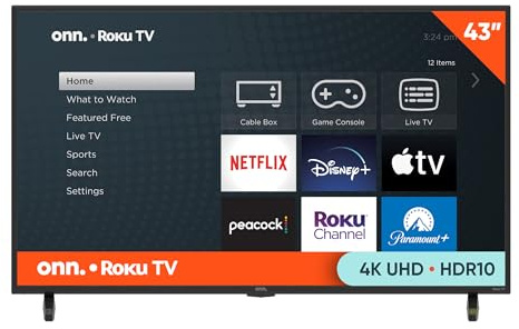 ONN 43-Inch Class 4K Ultra HD LED Smart TV HDR (2160p) Resolution, 60 Hz Refresh Rate, DLED Display, Wireless Streaming - 100012584 (Renewed)