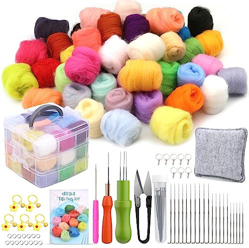 Wamkon nadelfilz set filznadeln zum trockenfilzen bestehend aus 48 Farben, filzset für anfänger mit Werkzeugen sowie einer Aufbewahrungsbox und Anleitung für Anfänger im Basteln
