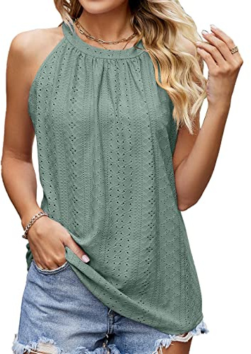 BKEPDY Camiseta Tirantes Mujer Tank Top Camisola Verano Cuello Halter Blusa sin Mangas Bordado Calado Tops Elegante Ropa Casual Deporte Algodon