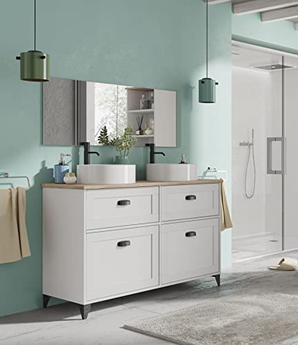 Muebles Pitarch | Mobile da bagno doppio con lavabi in ceramica inclusi, larghezza 120cm, con piedi, cassetti a chiusura lenta, 2 porte, per lavabi da appoggio, Bianco e Rovere ,Vintage