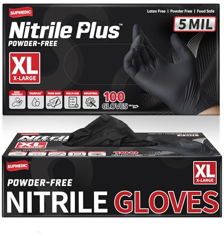 Supmedic Black Nitrile Exam Gloves, 5 Mil Chemical Resistant Powder-Free Food Safe Disposable Medical Glove 100Pcs (X-Large)