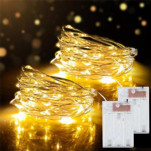 2 Stück 5m 50LEDs Lichterkette Batterie Betrieb, Warmweiß, IP44 Wasserdicht, LED Lichterkette, Beleuchtung Deko für Drinnen und Draußen, Party, Garten, Weihnachten, Halloween, Hochzeit