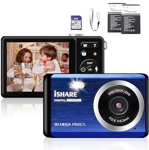 Digital Camera for Photography with 2 Batteries 32G Memory Cards,18X Digital Zoom 30MP Point and Shoot Cameras,Small Camera for Kids/Adult/Elderly/Beginners(Blue)