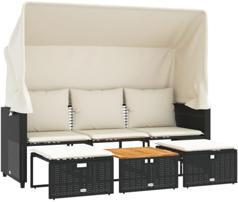 vidaXL Outdoor Sofa 3-Sitzer, Gartensofa mit Dach Hockern, Sonnenliege für Garten Terrasse, Gartenbank Gartenliege, Schwarz Poly Rattan