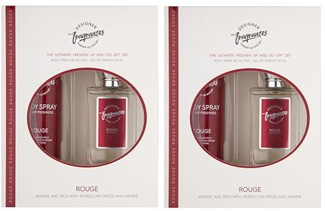 Designer Fragrances Rouge Female Twin Gift Set - Includes 2 x 100ml Body Spray Deodorant Cans, 2 x 50ml Women’s Eau De Parfum Sprays - For Instant Freshness on The Go - Long Lasting Smells